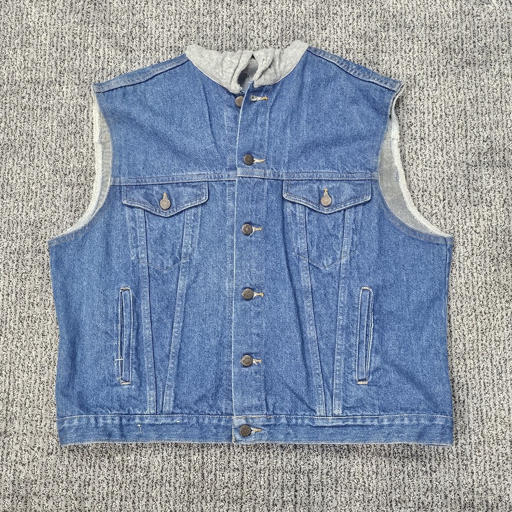 Vtg Bristol Blues Blue Denim Hooded Vest Jacket Button Front Pockets Mens Lge